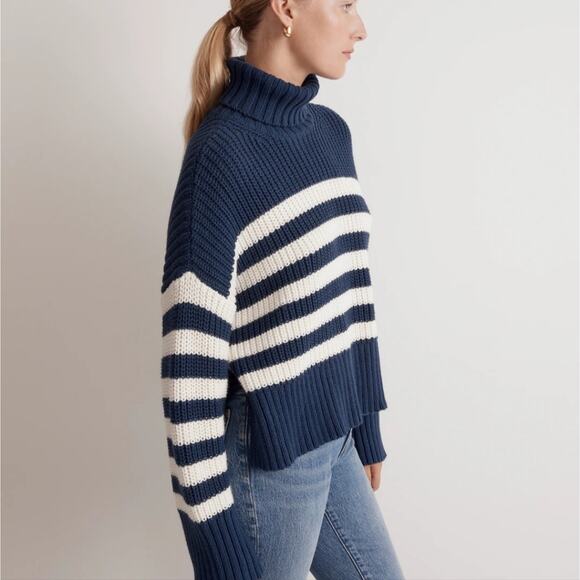 NEW Madewell Blue White Stripe Wide Ribbed Turtleneck Knit Sweater - Picture 4 of 13